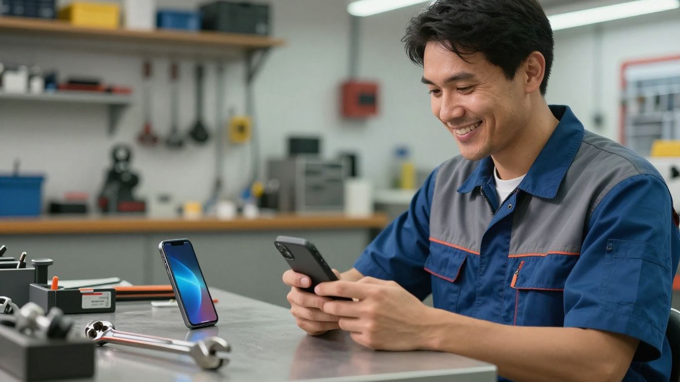 Electrician with wrench and phone, business growth concept.