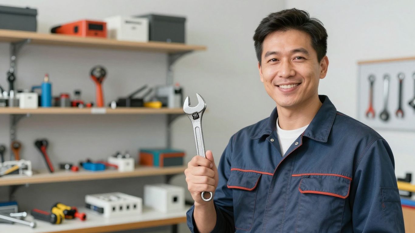 Electrician working in a clean workshop with tools.