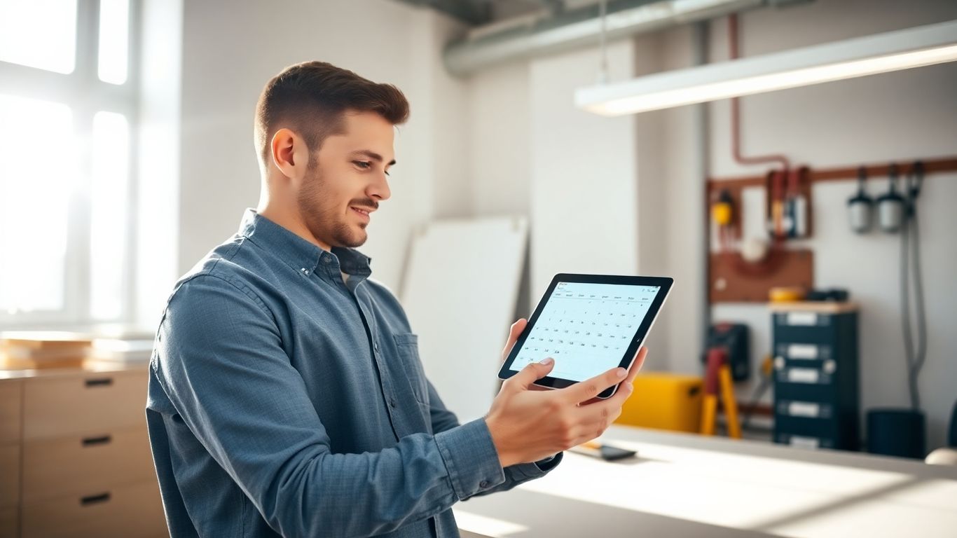 Electrician using tablet with calendar for business efficiency.