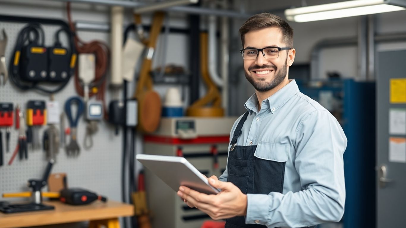 Electrician using a tablet for business management.