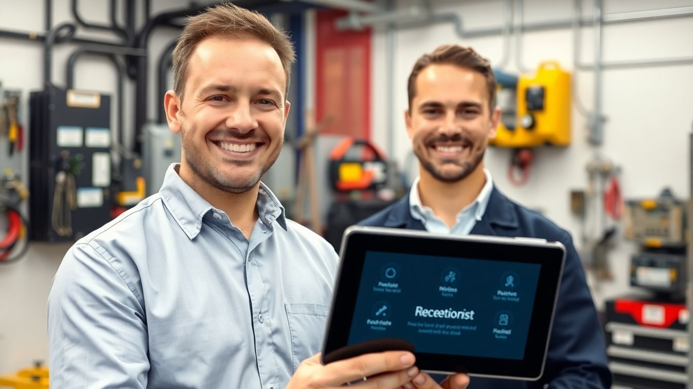 Electrician using tablet with virtual receptionist