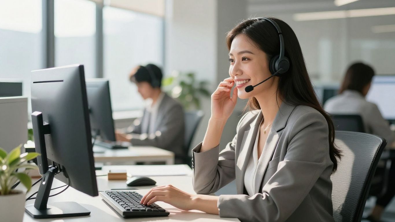 Professional answering calls with headset in modern office.