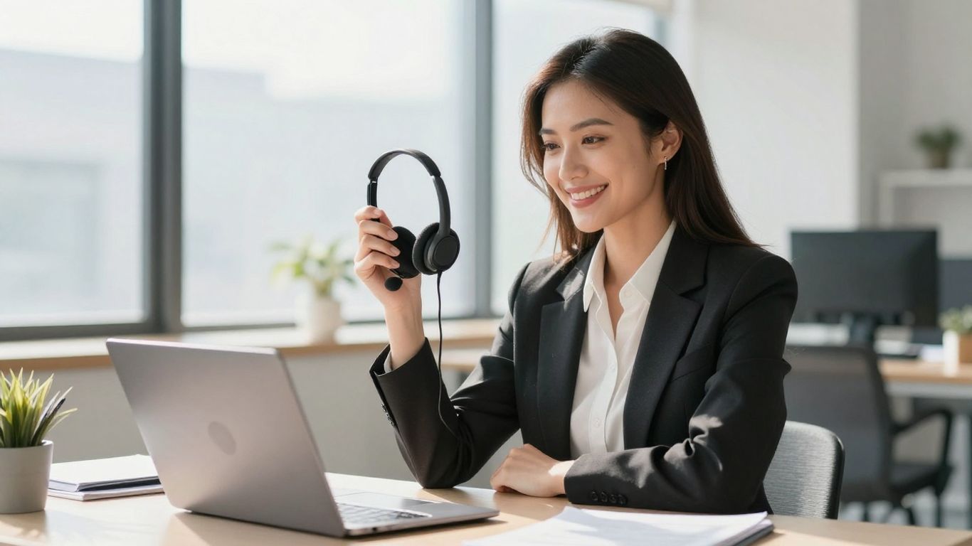 Businesswoman with headset, professional office environment.