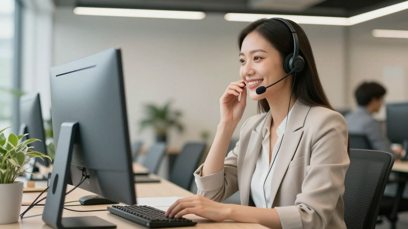 Professional woman with headset, smiling in office.