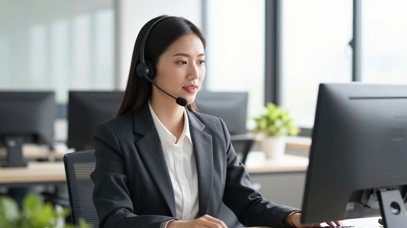 Businesswoman using a headset in a modern office.