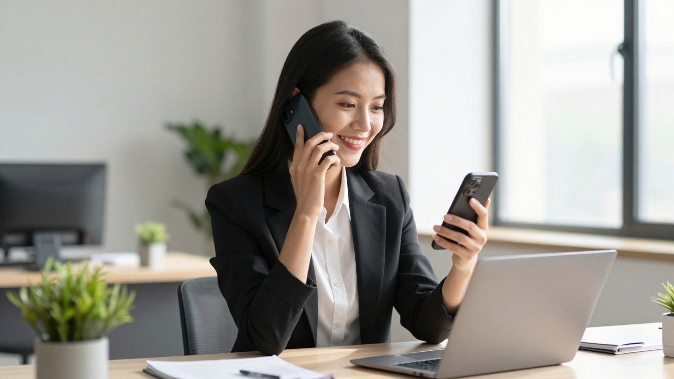 Businesswoman answering phone calls in a modern office.