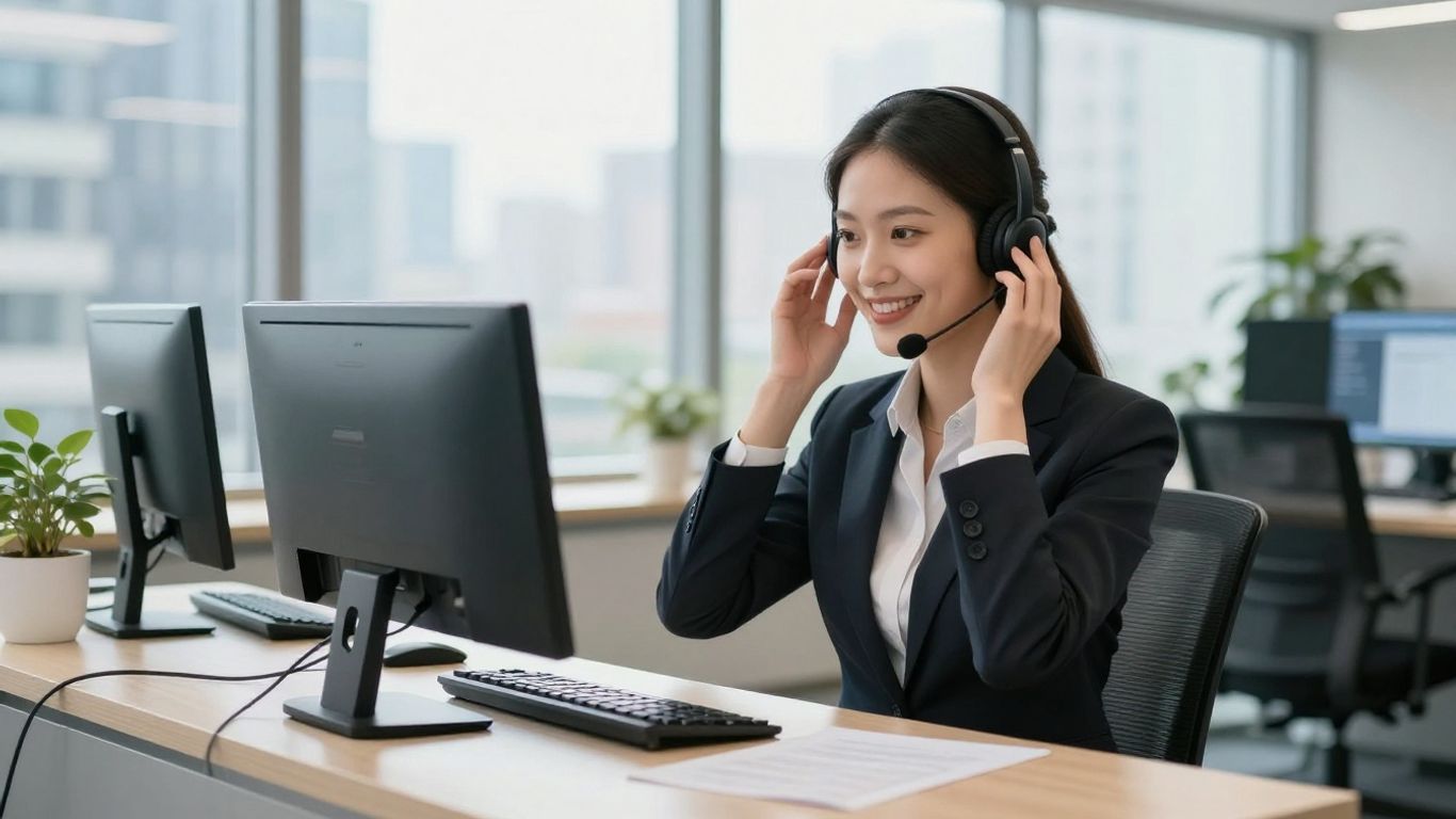 Professional receptionist answering phone calls in a modern office.