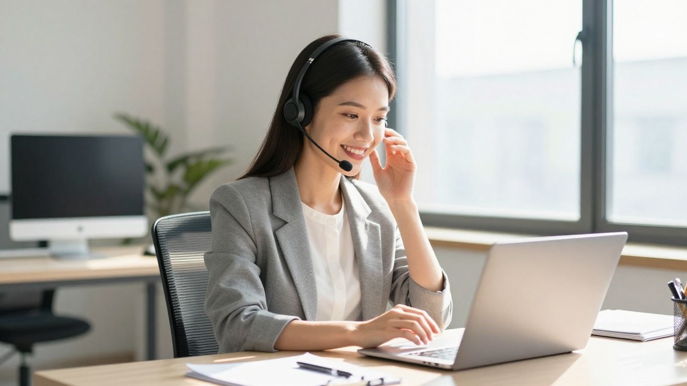 Professional woman using a headset in an office