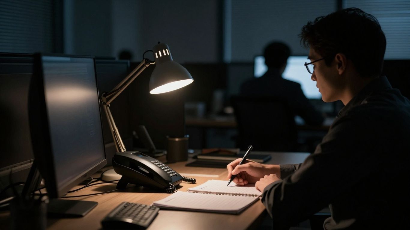 Business phone ringing after hours in a quiet office.