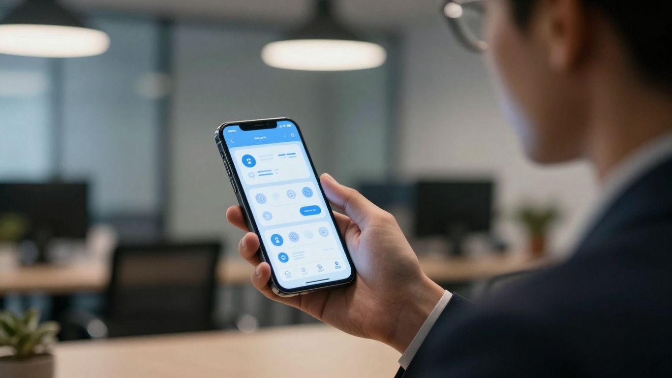 Business professional using a smartphone for communication.