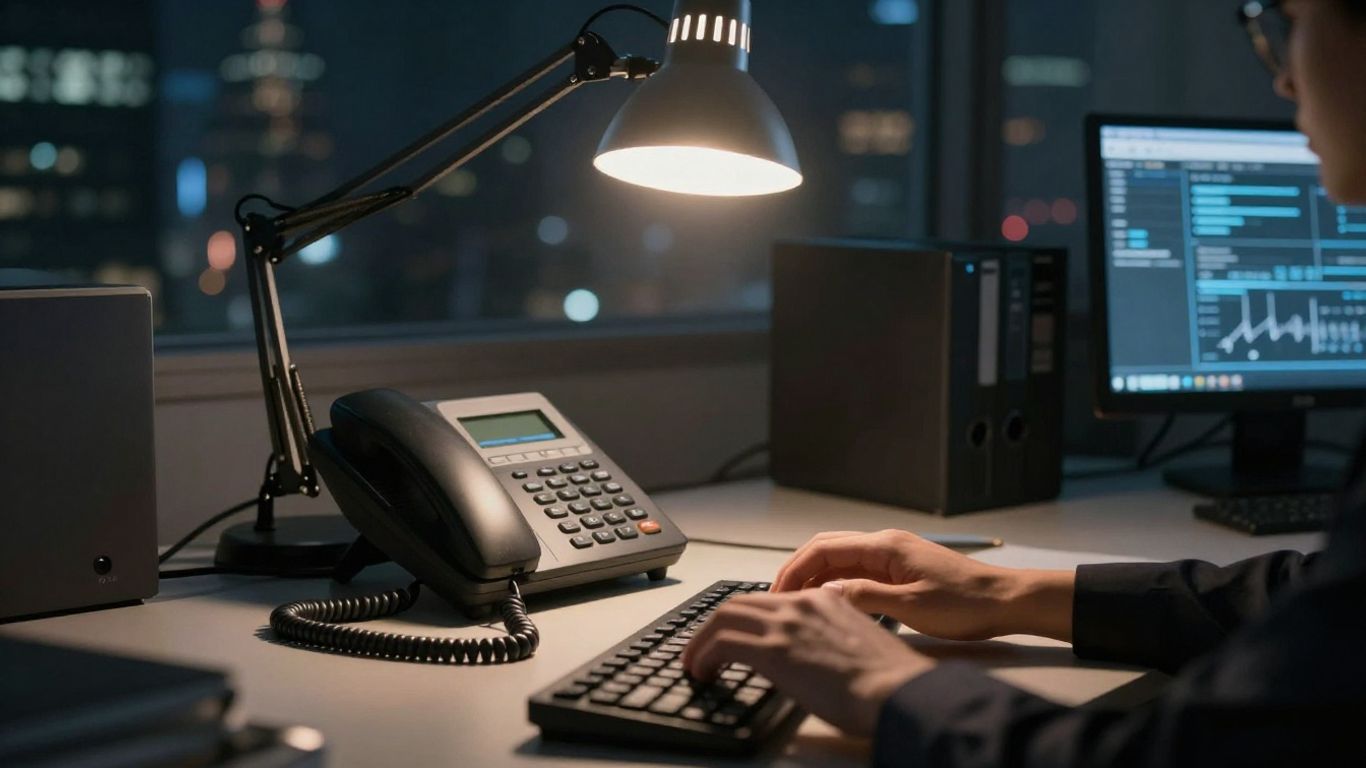 Business owner working late with a glowing desk lamp.