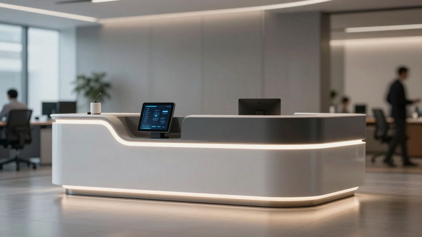 AI receptionist interface in a modern business office.