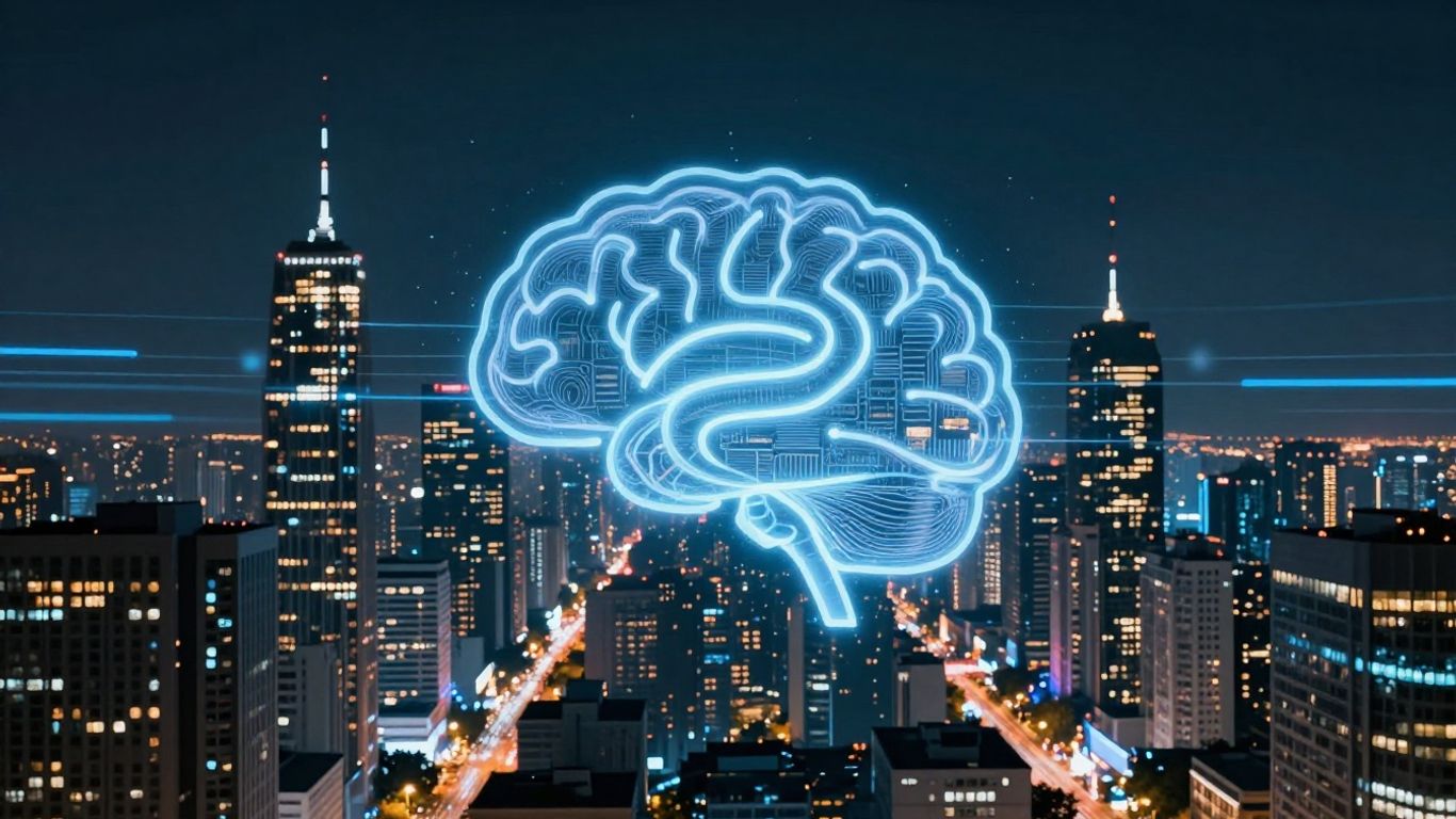 Futuristic cityscape with AI brain icon.