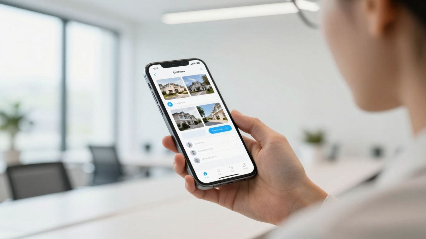 Agent using mobile AI CRM in modern office