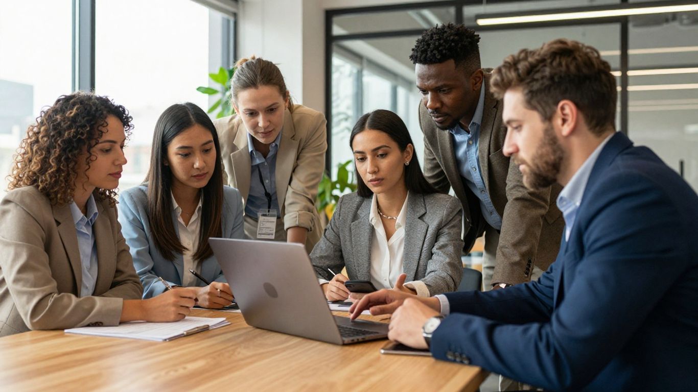 Real estate agents team reviewing property listings together