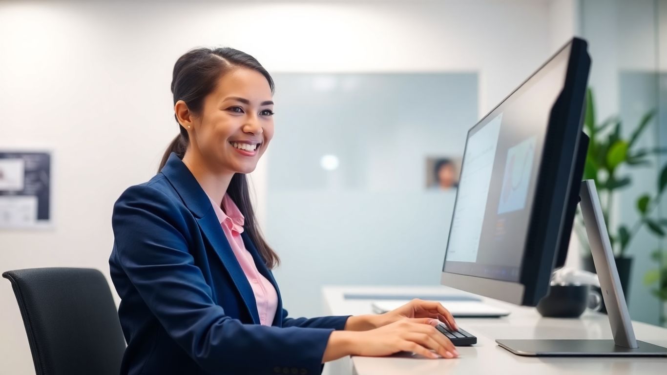 Receptionist using a modern computer interface