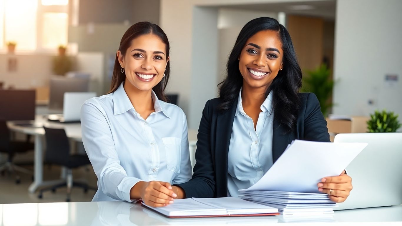 Receptionist organizing desk in a bright office.