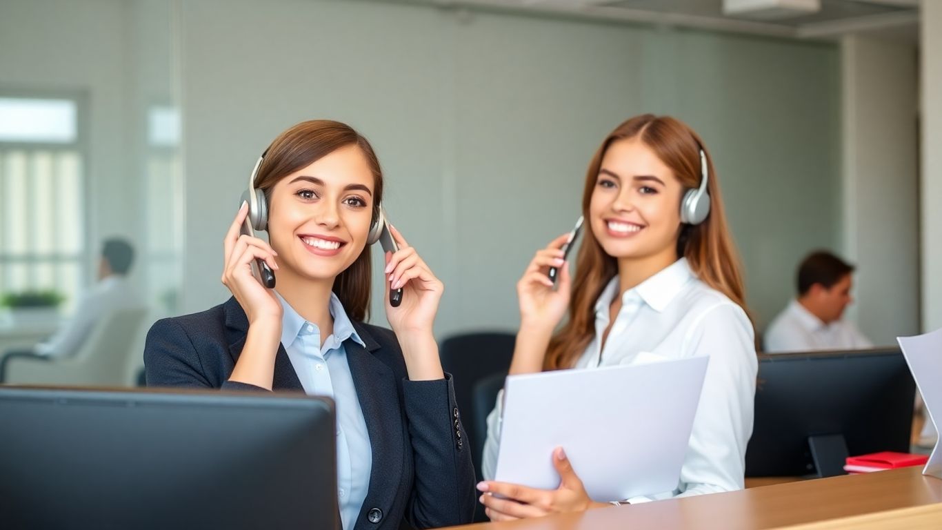 Receptionist managing calls and greeting visitors with a smile.
