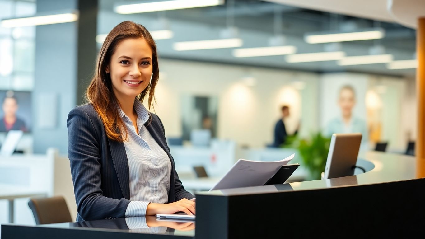 Receptionist managing tasks efficiently at a modern desk.