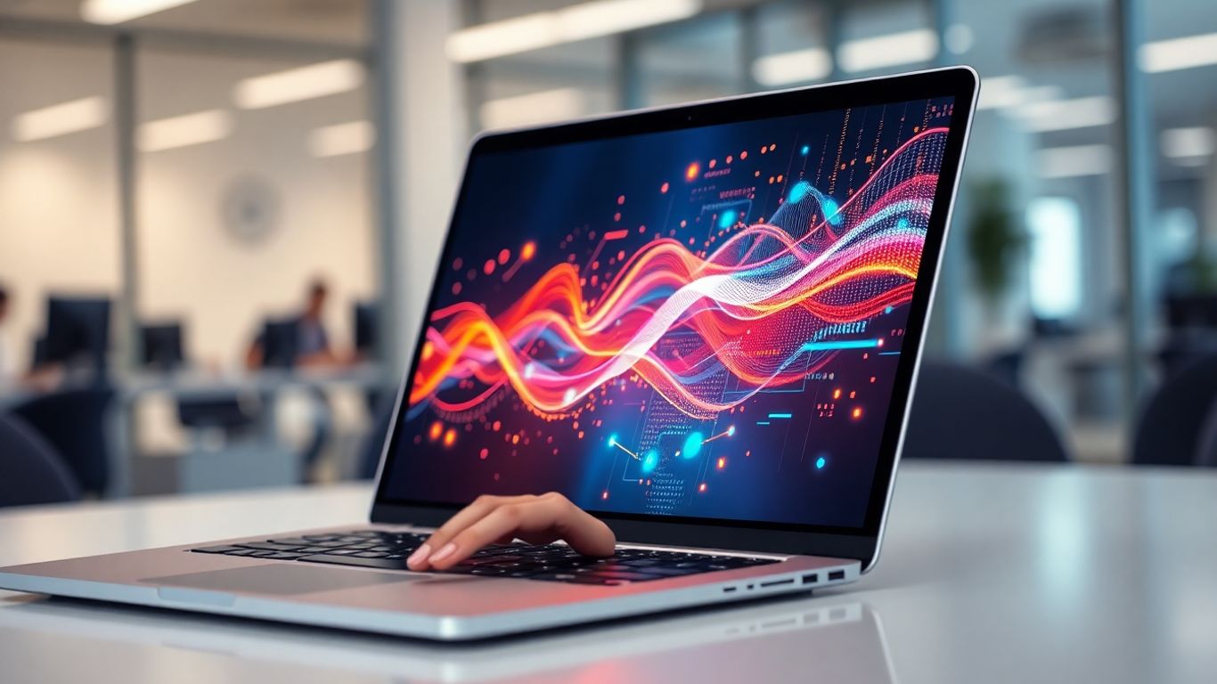 Laptop screen with abstract data visualization and hand