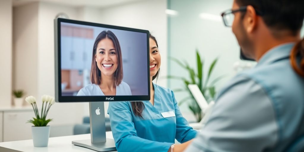 Dental clinic reception with smiling virtual receptionist.