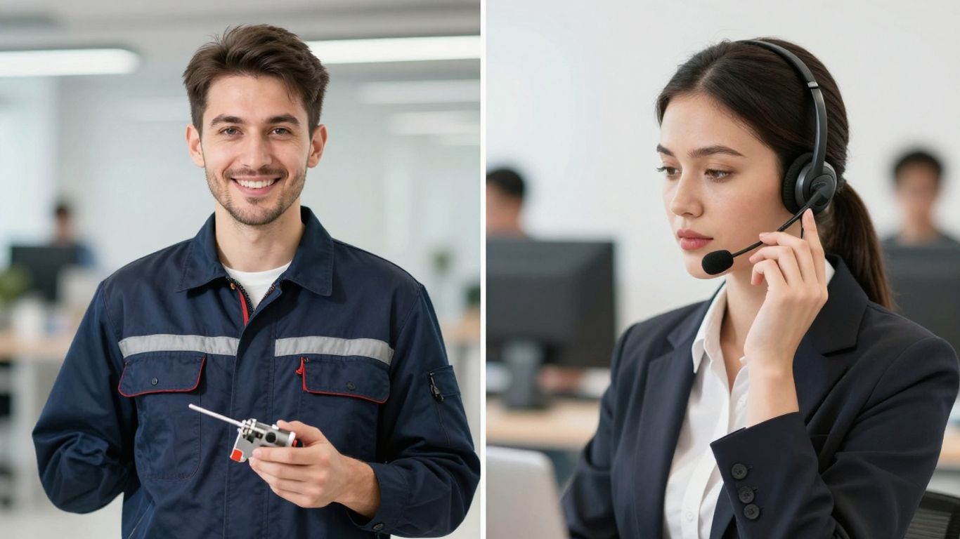HVAC technician and call center agent working together.