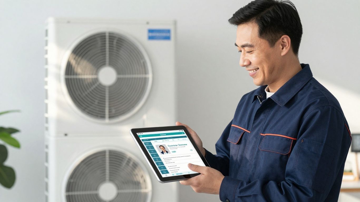 HVAC technician smiling with customer service tablet.