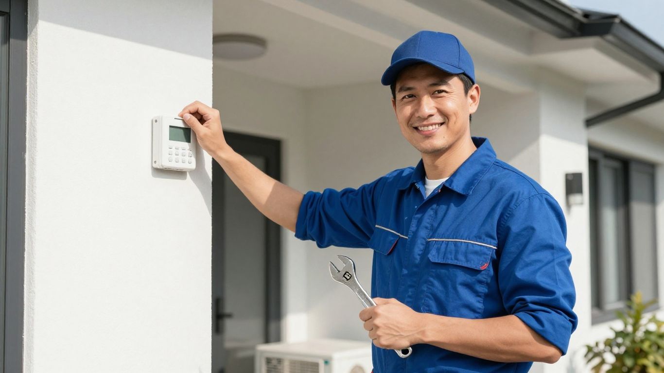 HVAC technician smiling in front of a house.