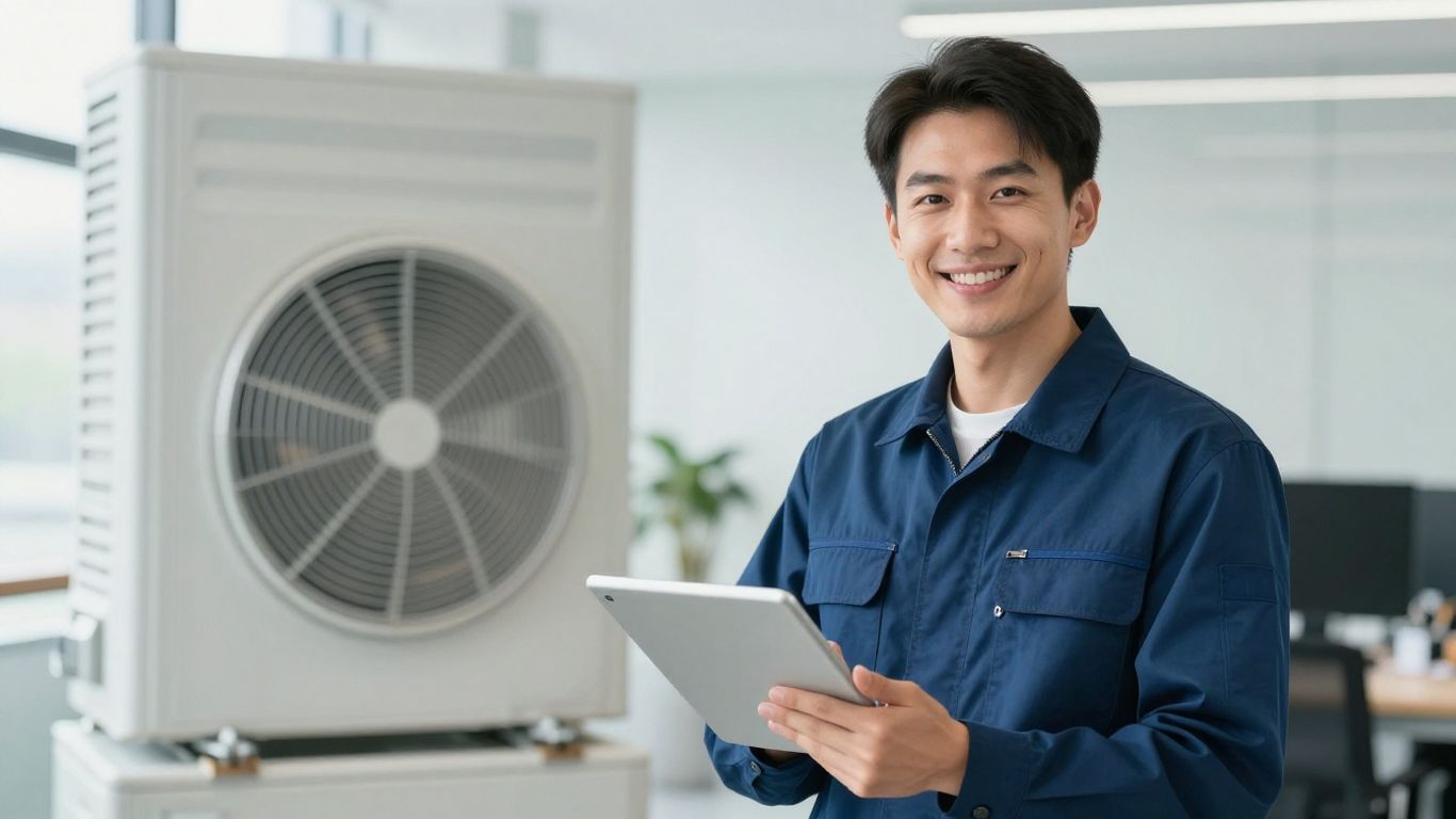 HVAC technician with tablet, office, and unit.