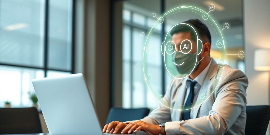 Lawyer working on laptop with AI assistant.