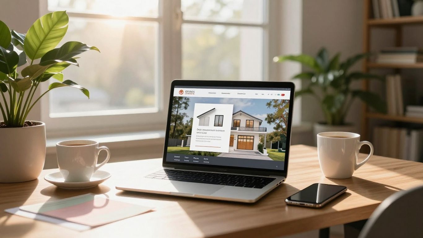 Modern real estate office workspace with technology and coffee
