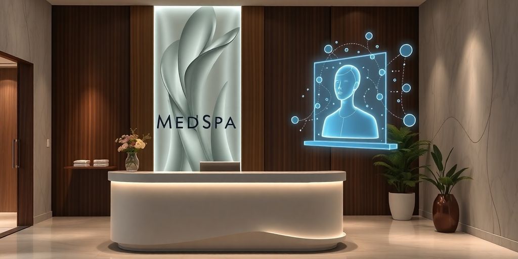Medspa reception desk with AI assistant.