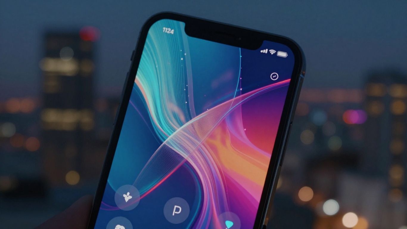 Smartphone with digital interface and cityscape background.