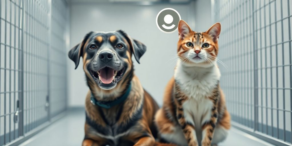 Happy dog and cat at boarding kennel with friendly AI assistant.