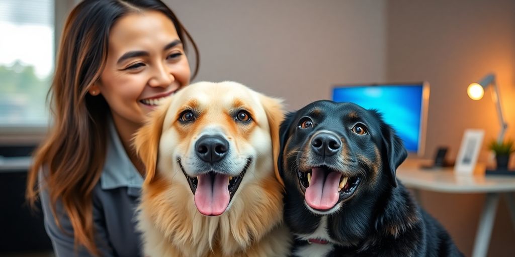 Woman petting a happy dog near a computer.