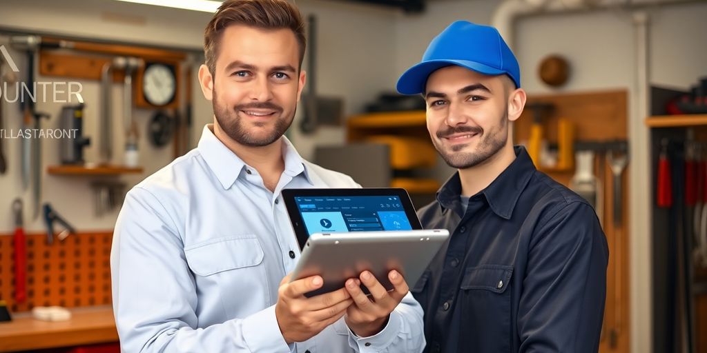 Plumber using a tablet with AI interface.