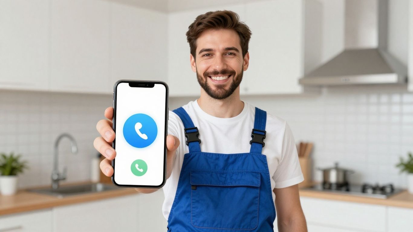 Plumber with AI call answering on smartphone.