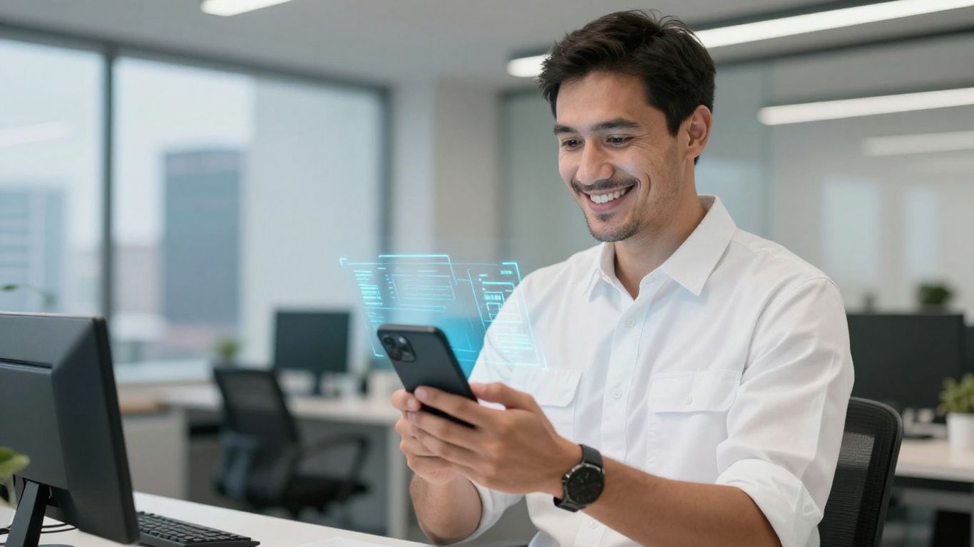 Plumber using AI call answering on smartphone for business growth.
