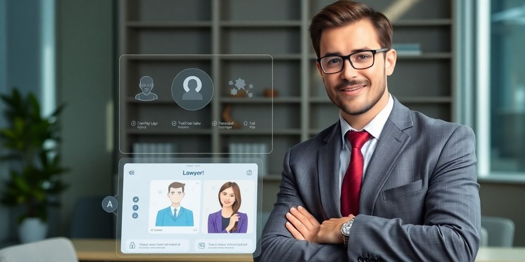 Lawyer interacting with AI virtual receptionist on screen.