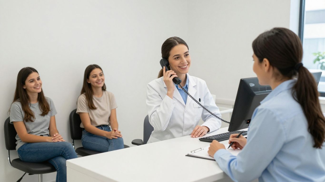 Receptionist answering phone at modern dental office front desk.