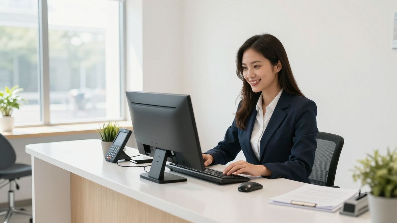 Dental office reception with smiling staff and technology.