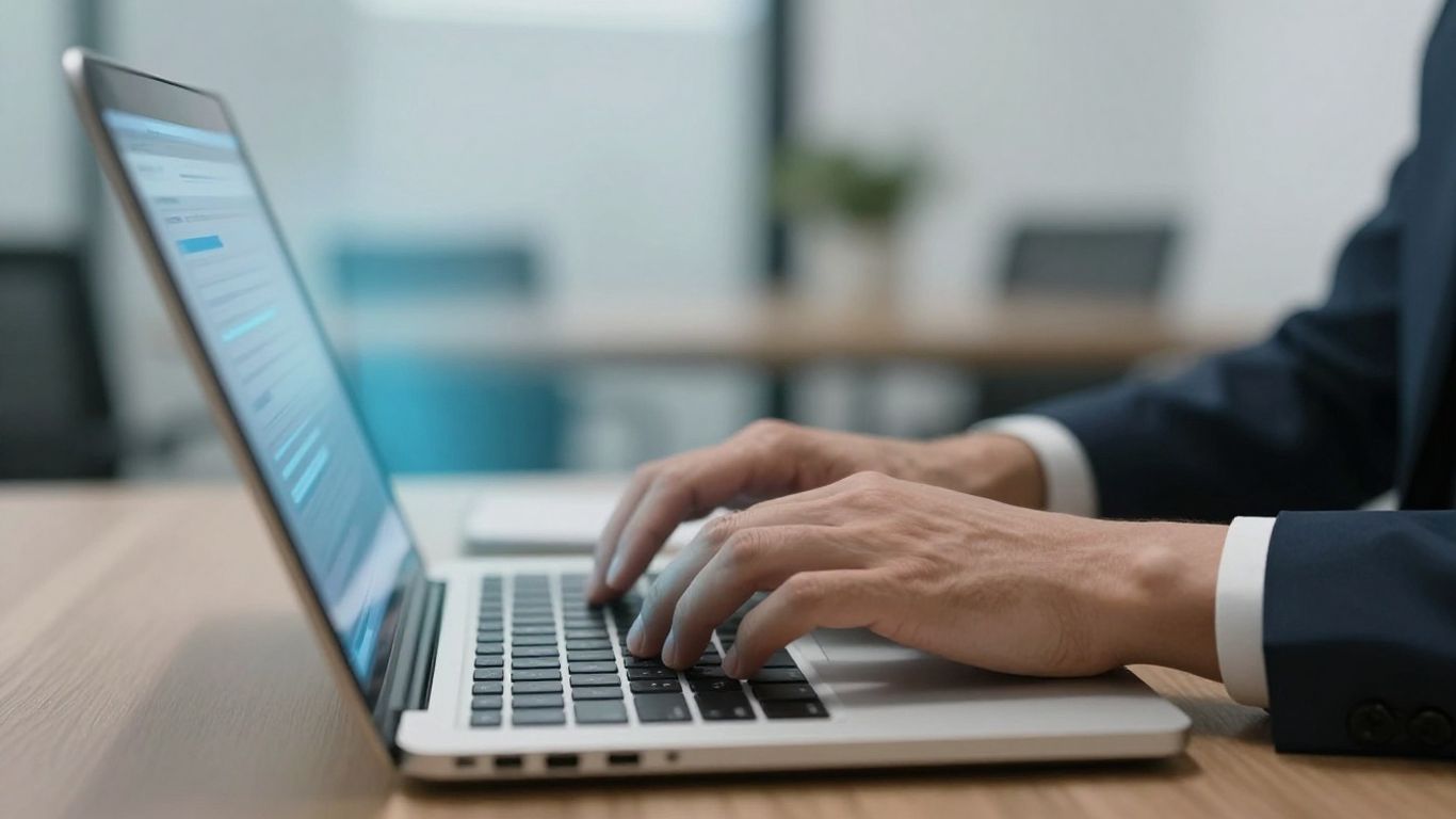 Immigration lawyer using a laptop in a modern office.