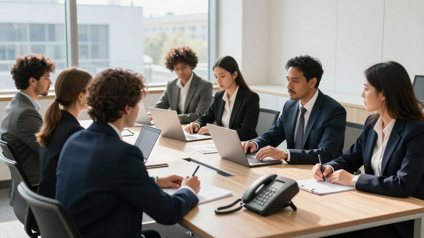 Immigration lawyers collaborating in a modern office.