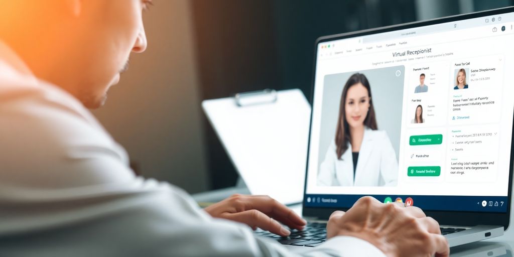 Lawyer working on laptop with virtual receptionist interface.