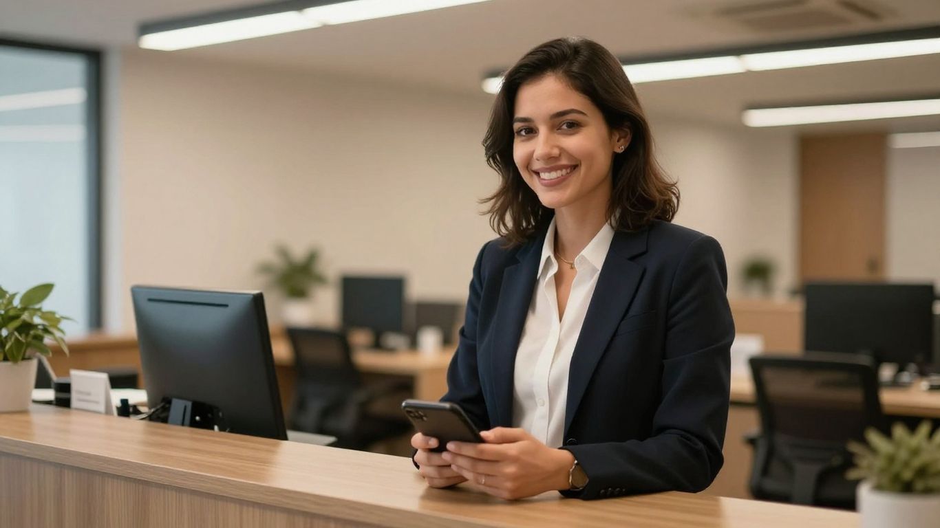 Law firm receptionist answering phone, client communication