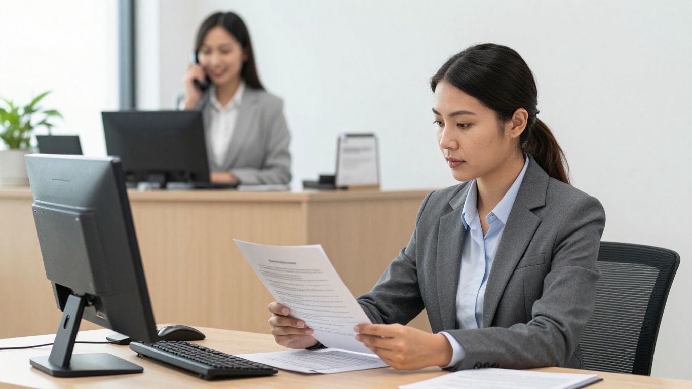 Lawyer and receptionist assisting clients in a personal injury firm.