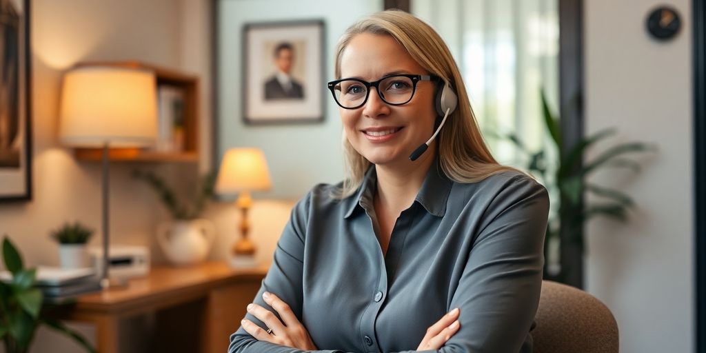 Counselor talking to client, virtual receptionist handles calls.