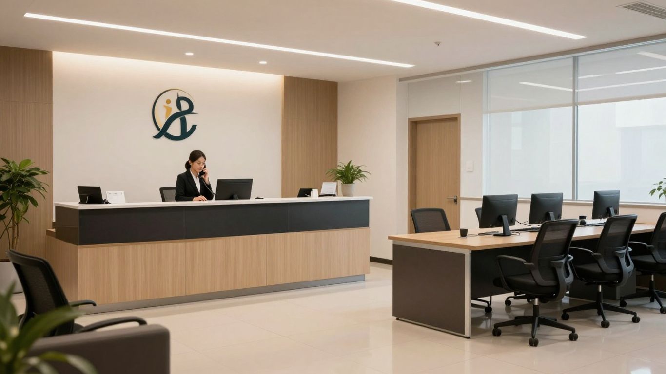 Law firm receptionist answering phone, conveying 24/7 availability.