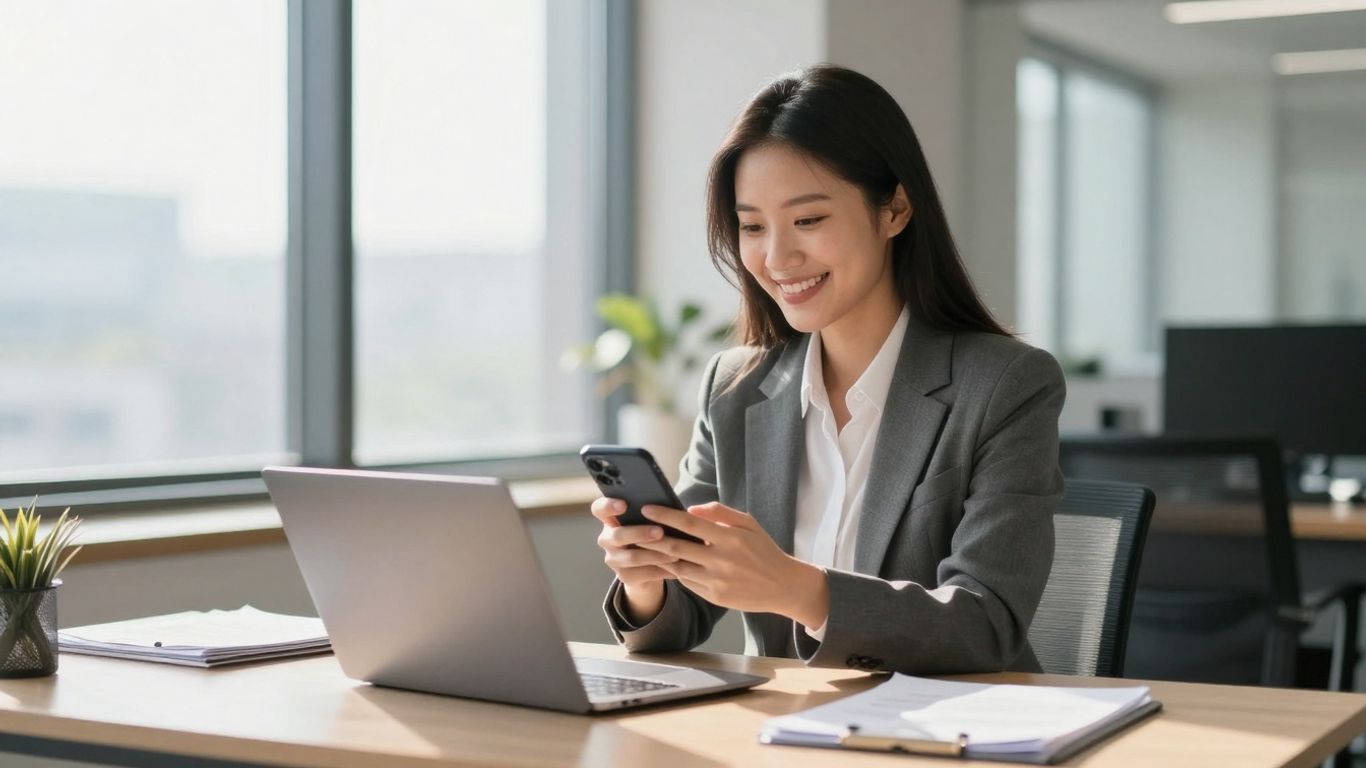 Real estate agent using phone in modern office.
