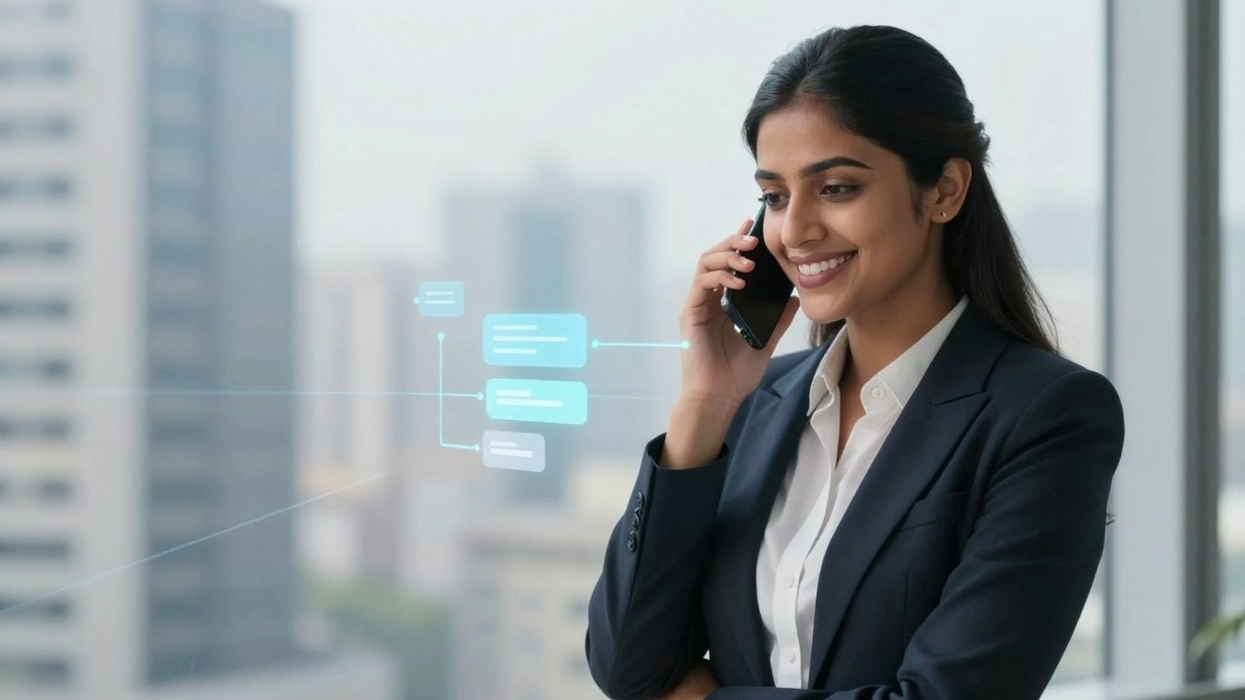 Businesswoman answering phone, cityscape, smartphone with texts.